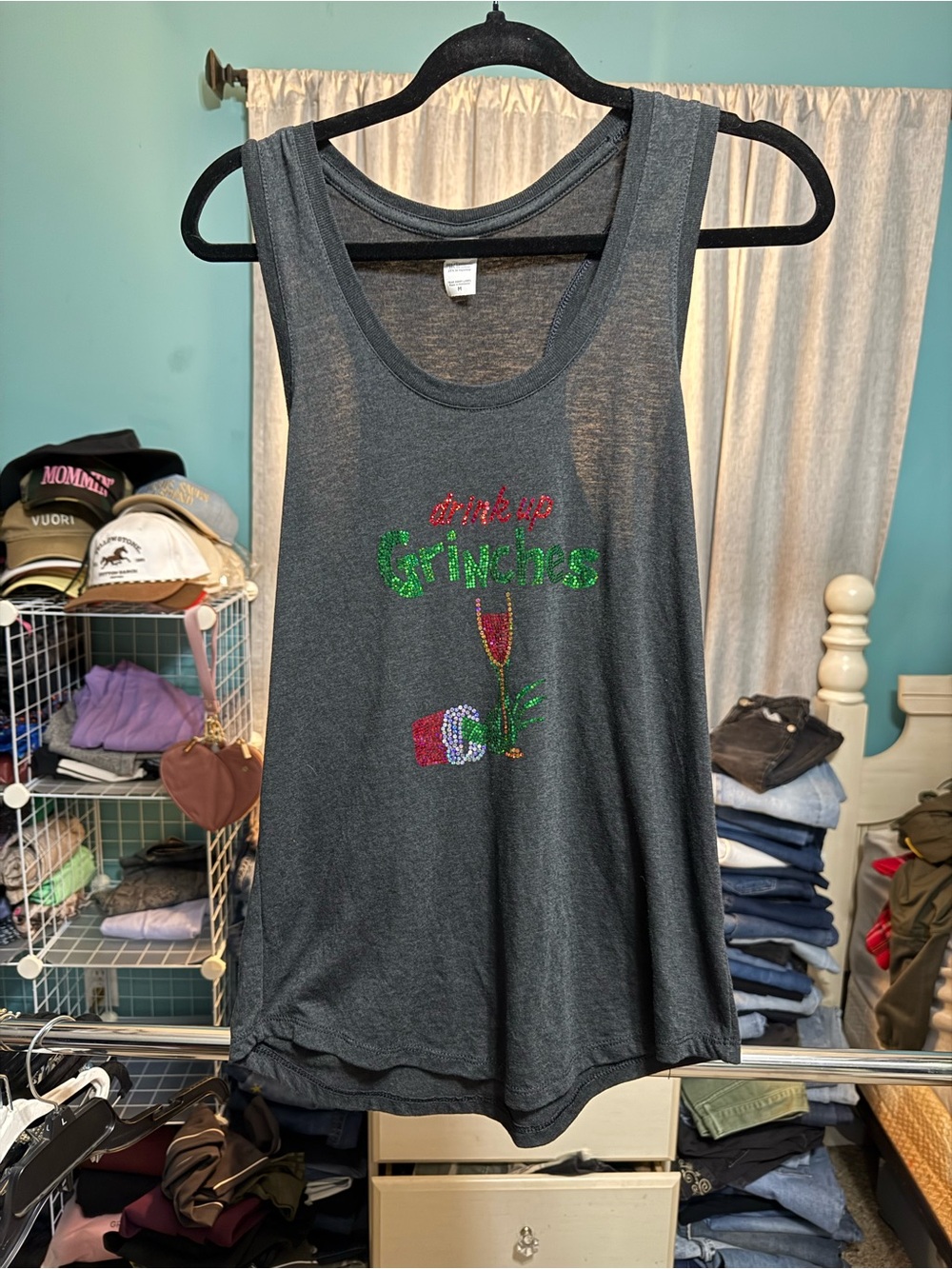 District Made Drink Up Grinches Rhinestone Christmas Tank Top